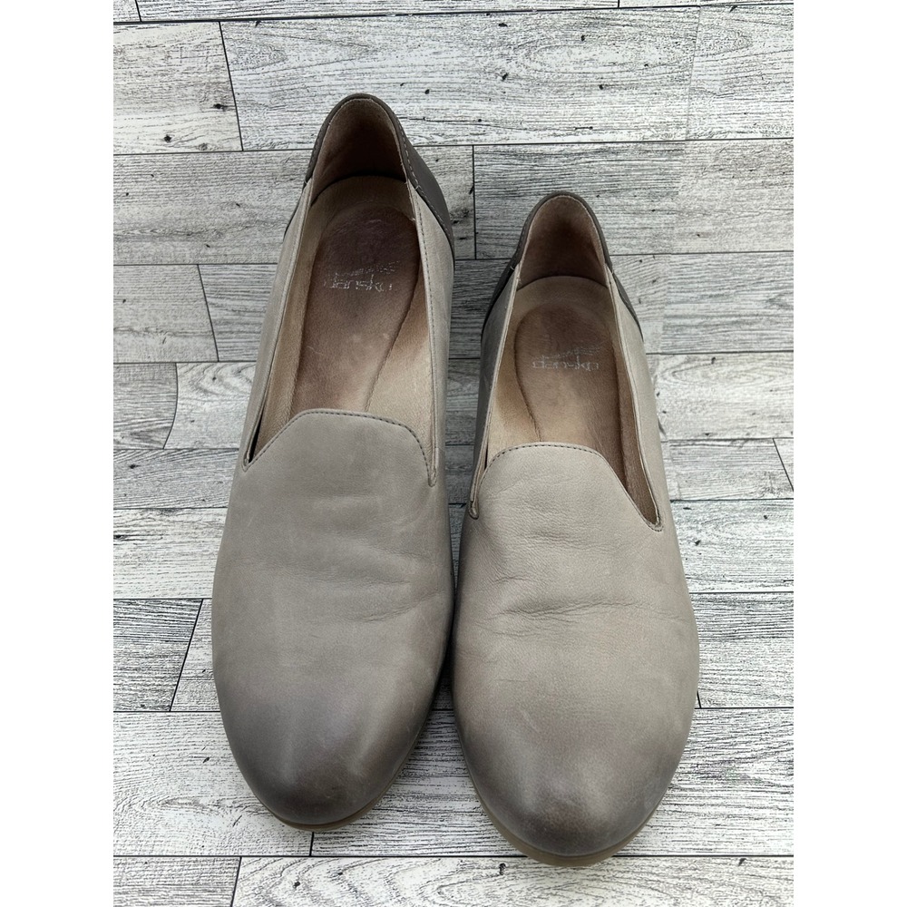 Dansko Loralie Leather Loafer Pumps Taupe‎ Grey Brown Block Heel Women 39 8.5-9